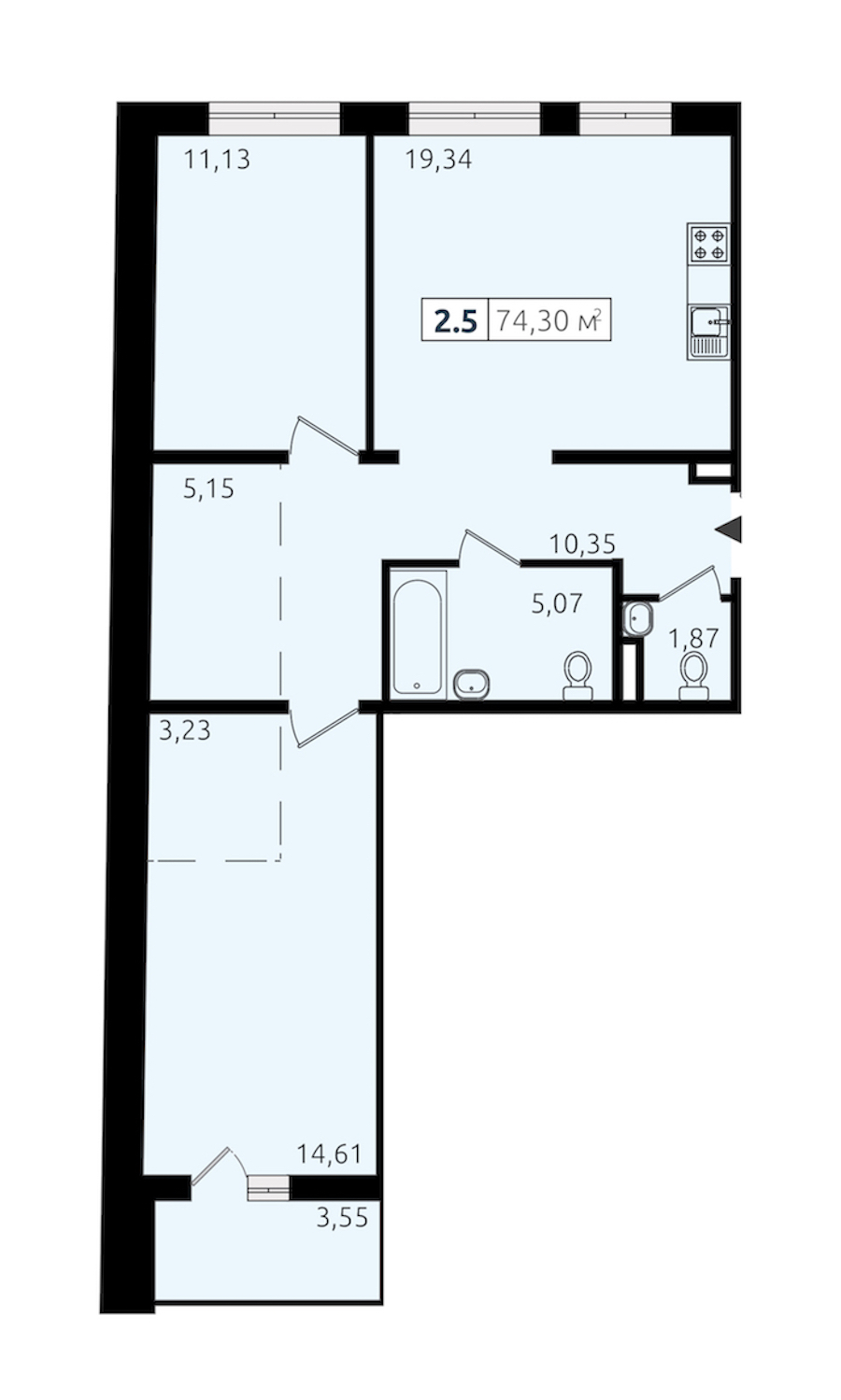 2-комнатная квартира 70.75 м², 3/14 эт., ЖК «Чёрная речка»